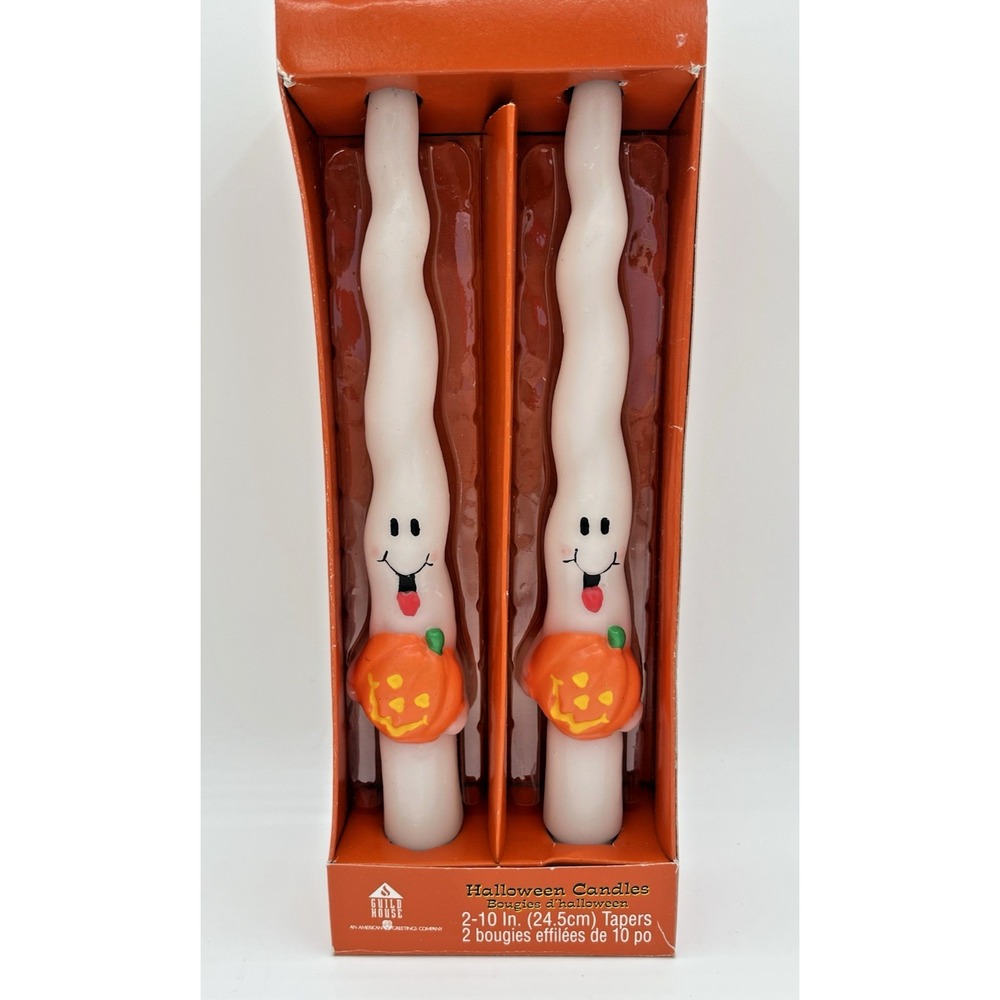 Vintage American Greetings Halloween Ghost Pumpkin Taper Candles 10" Set of 2